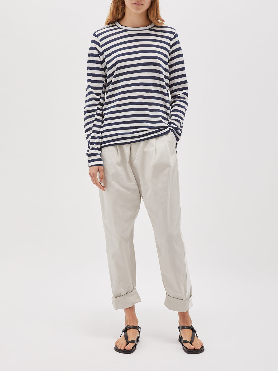 bassike wide heritage french seam long sleeve t.shirt in undyed-navy-blue