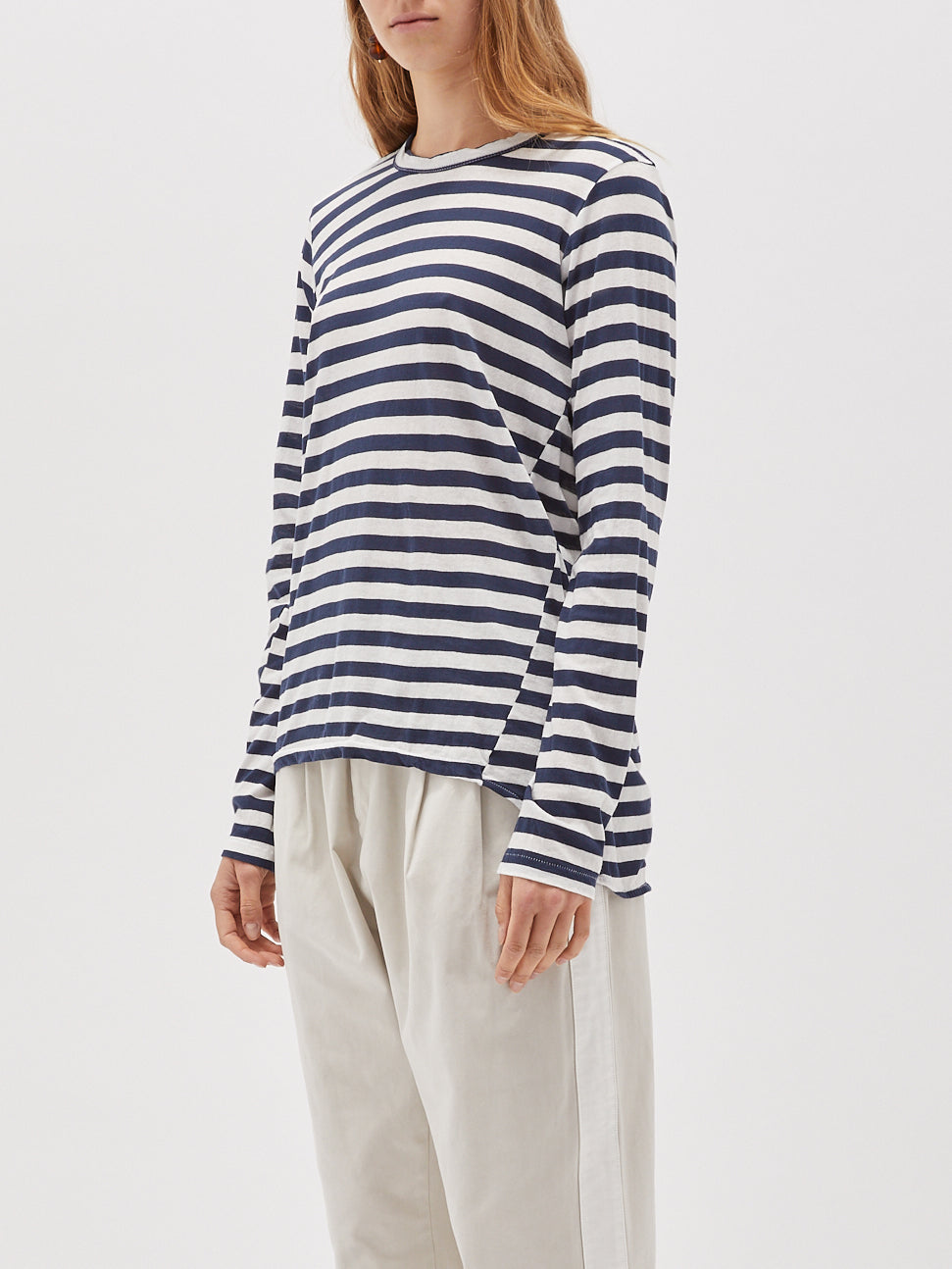 bassike wide heritage french seam long sleeve t.shirt in undyed-navy-blue