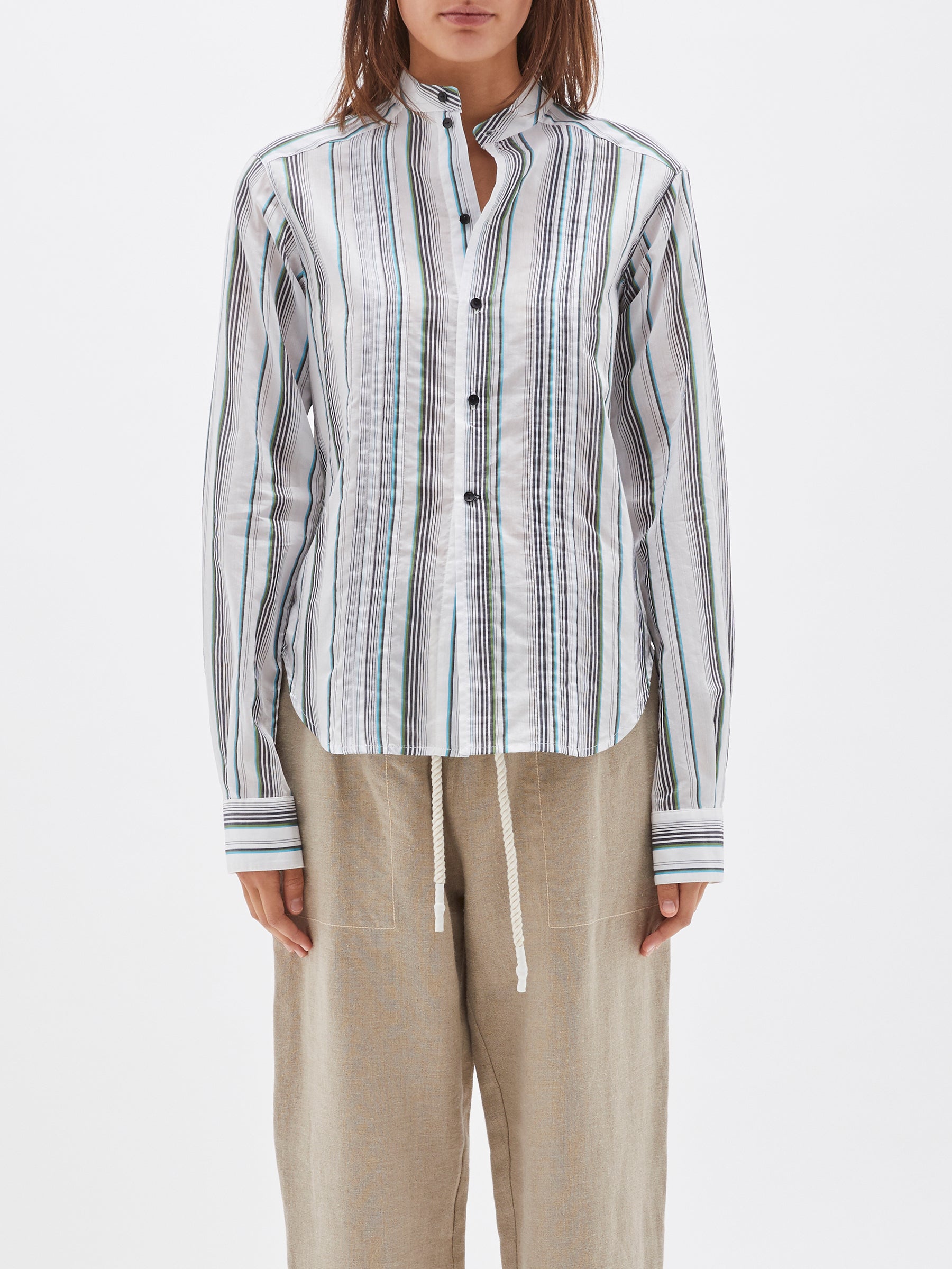 bassike cotton silk pleat detail shirt in natural-navy-green-stripes