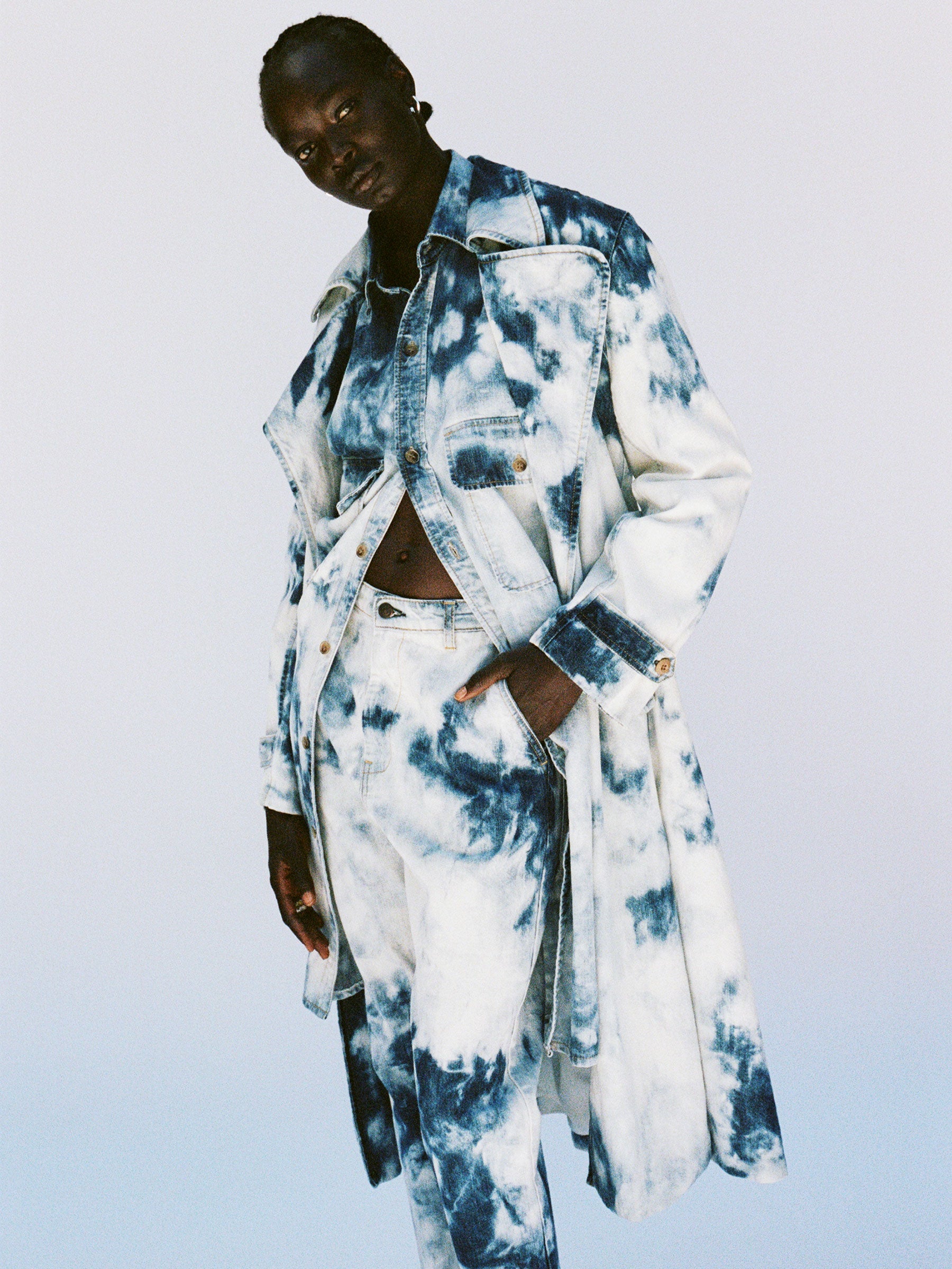 bleached shibori denim trench