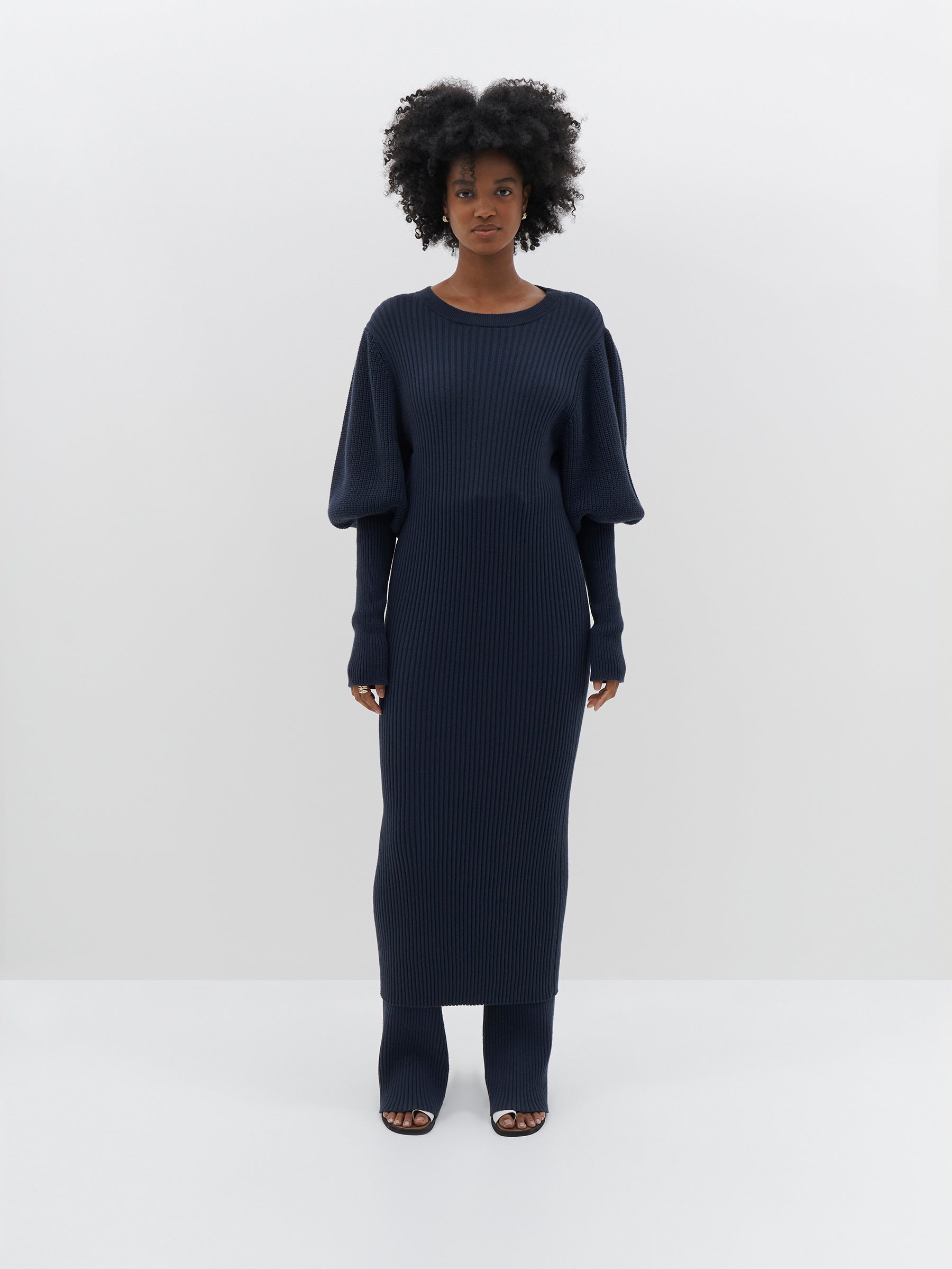 balloon sleeve knit midi dress