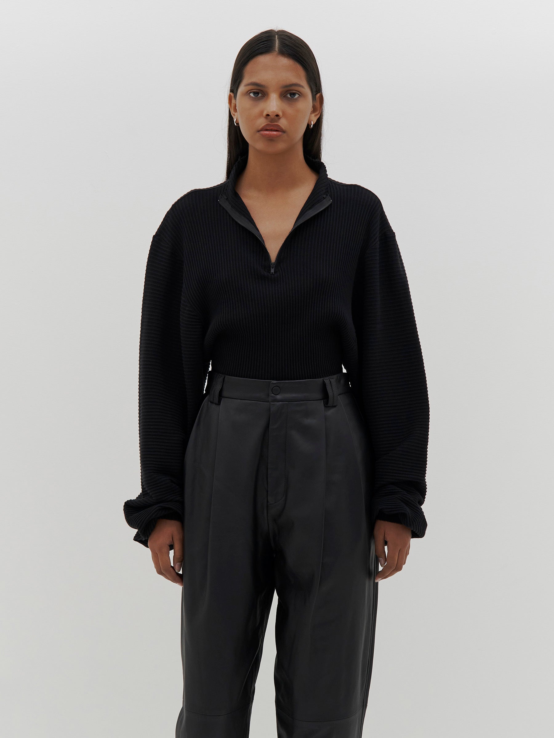 zip up drapey rib long sleeve top