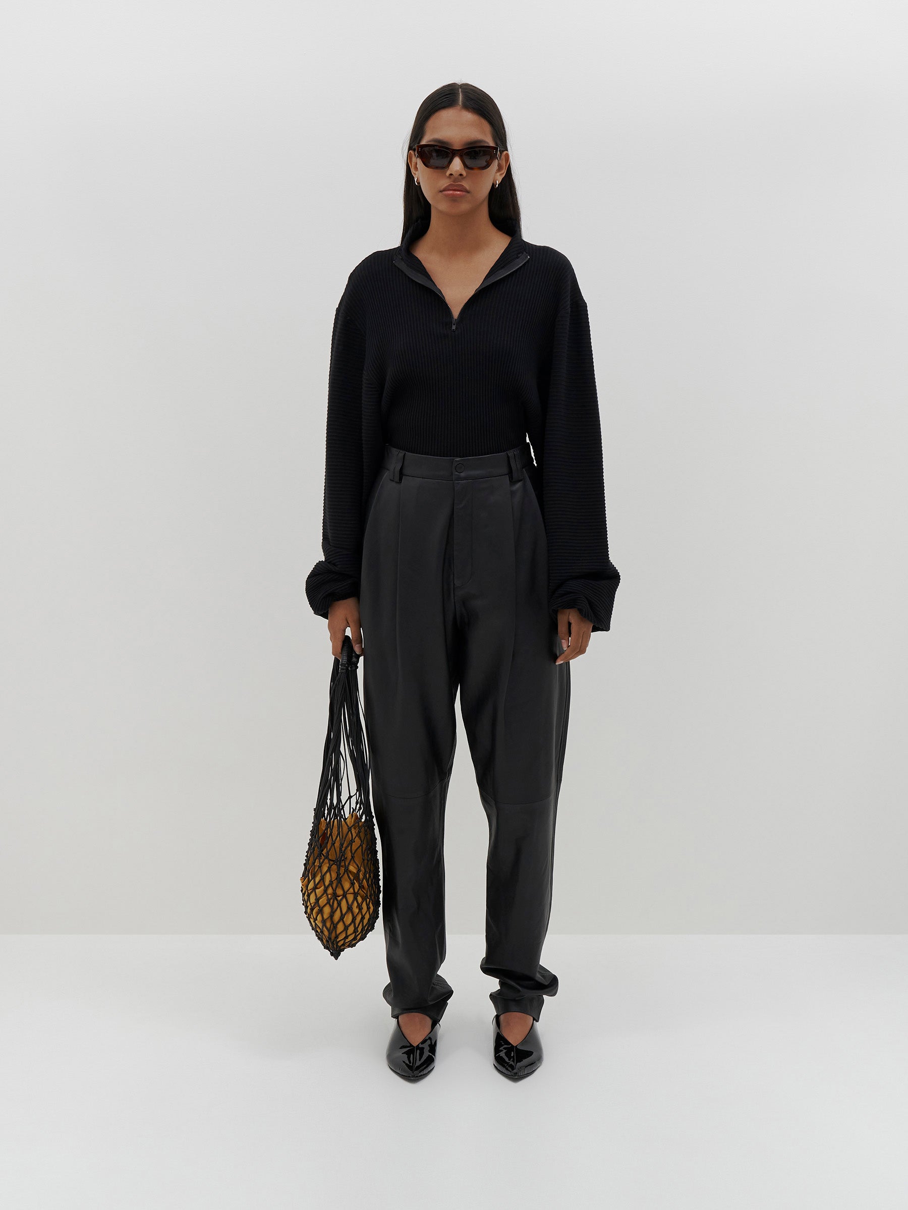 zip up drapey rib long sleeve top