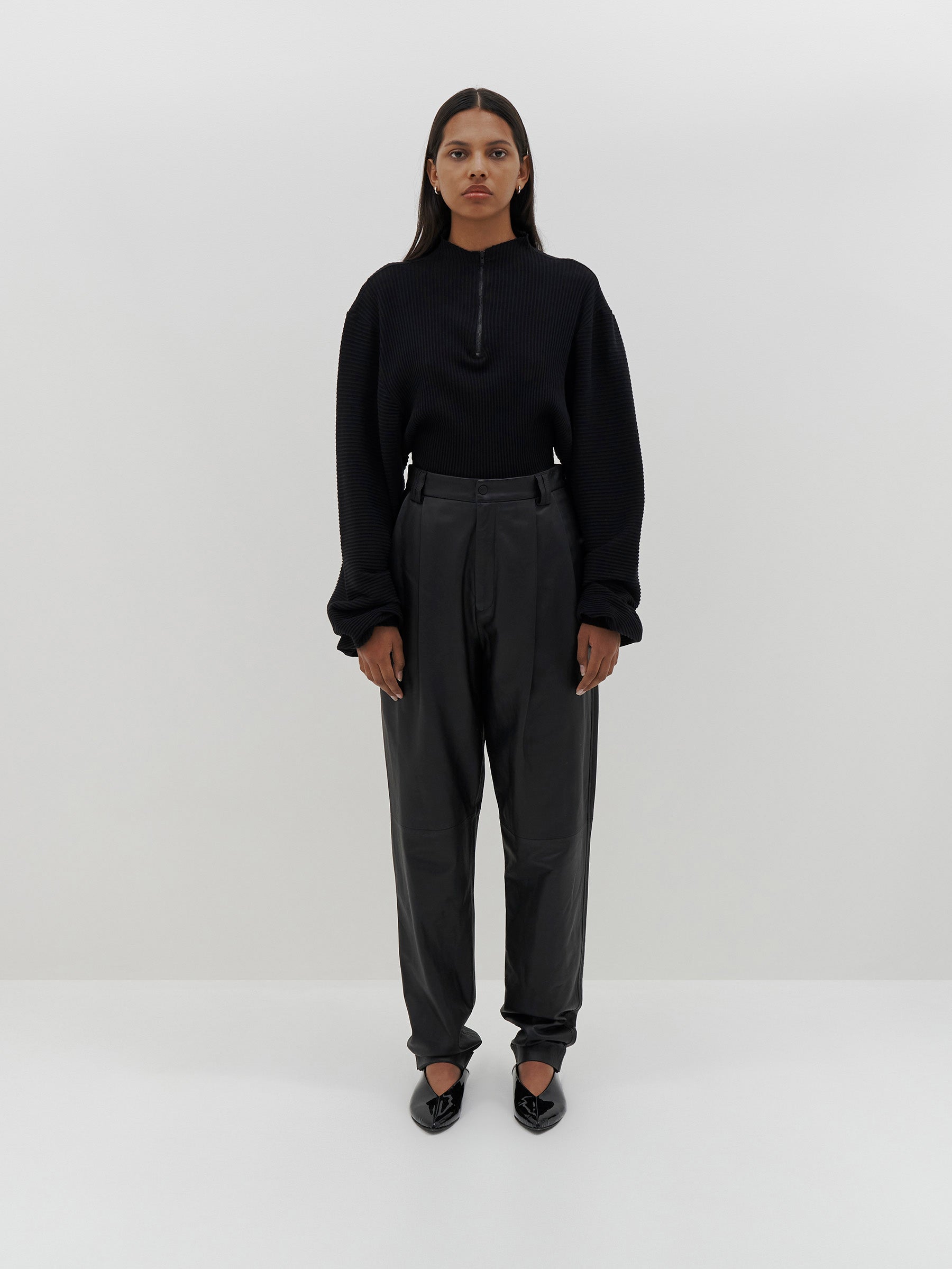zip up drapey rib long sleeve top