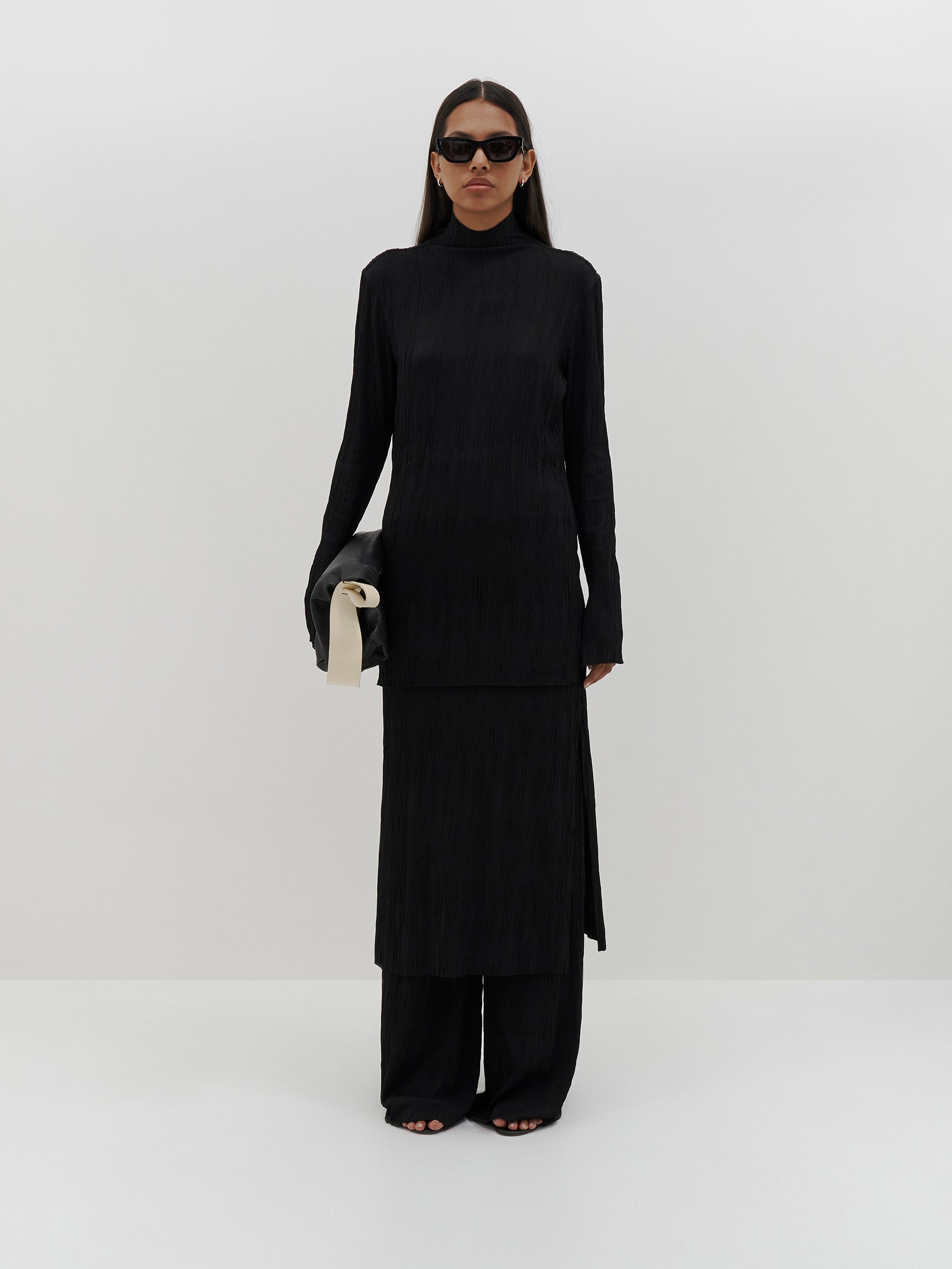 crinkle jersey raised neck long sleeve