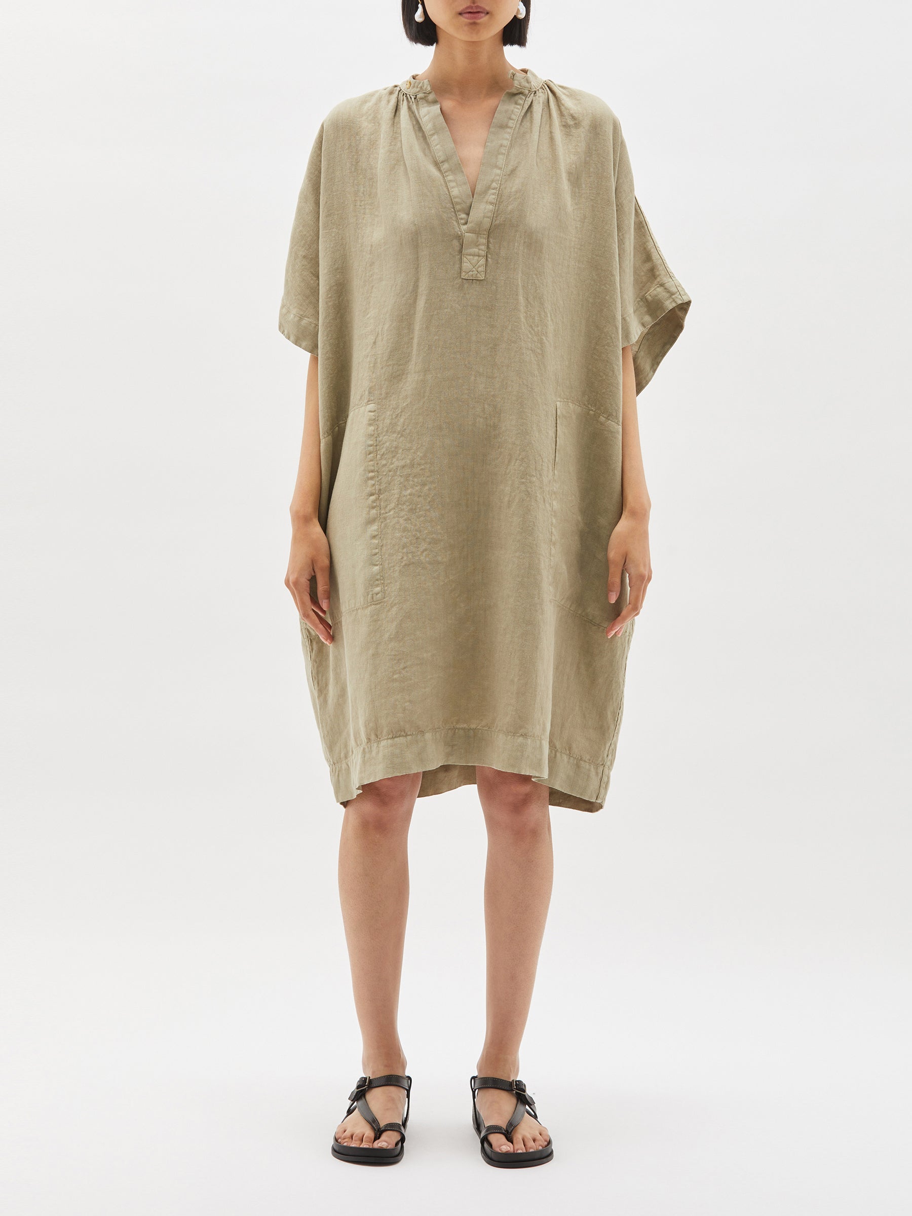 washed linen gathered neck dress