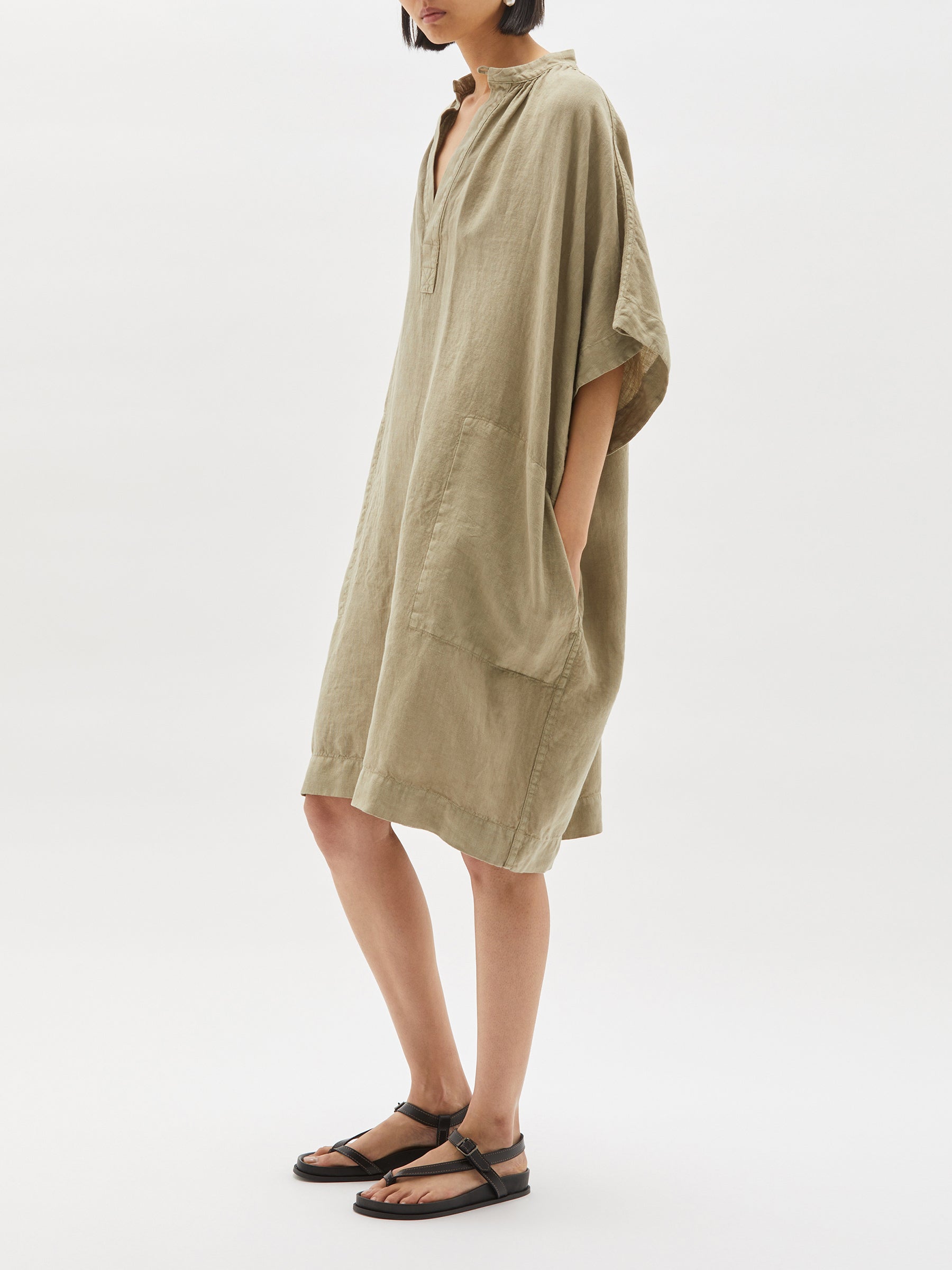 washed linen gathered neck dress