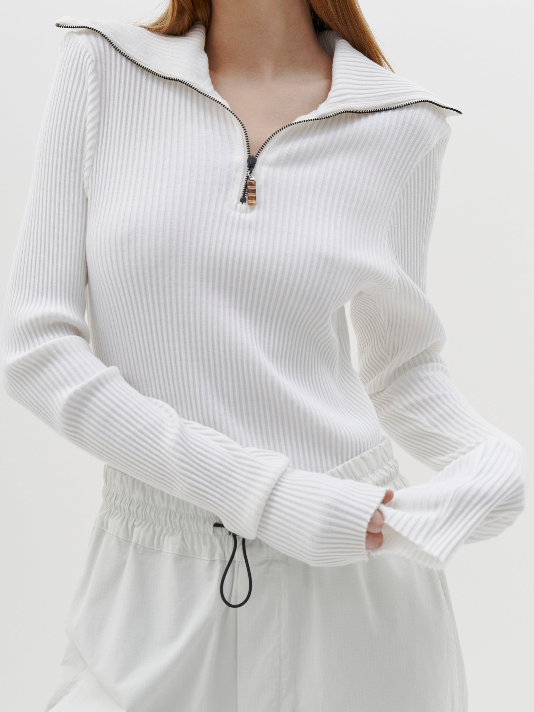 drapey rib zip up polo top