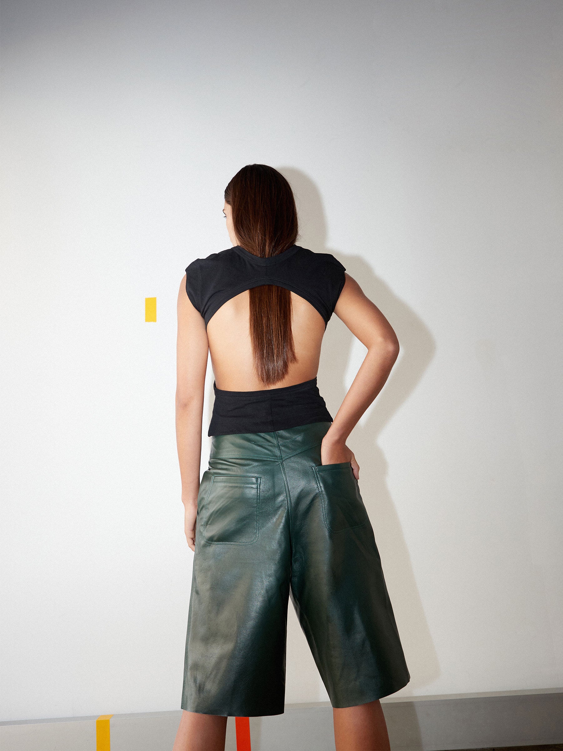 pleat front leather short