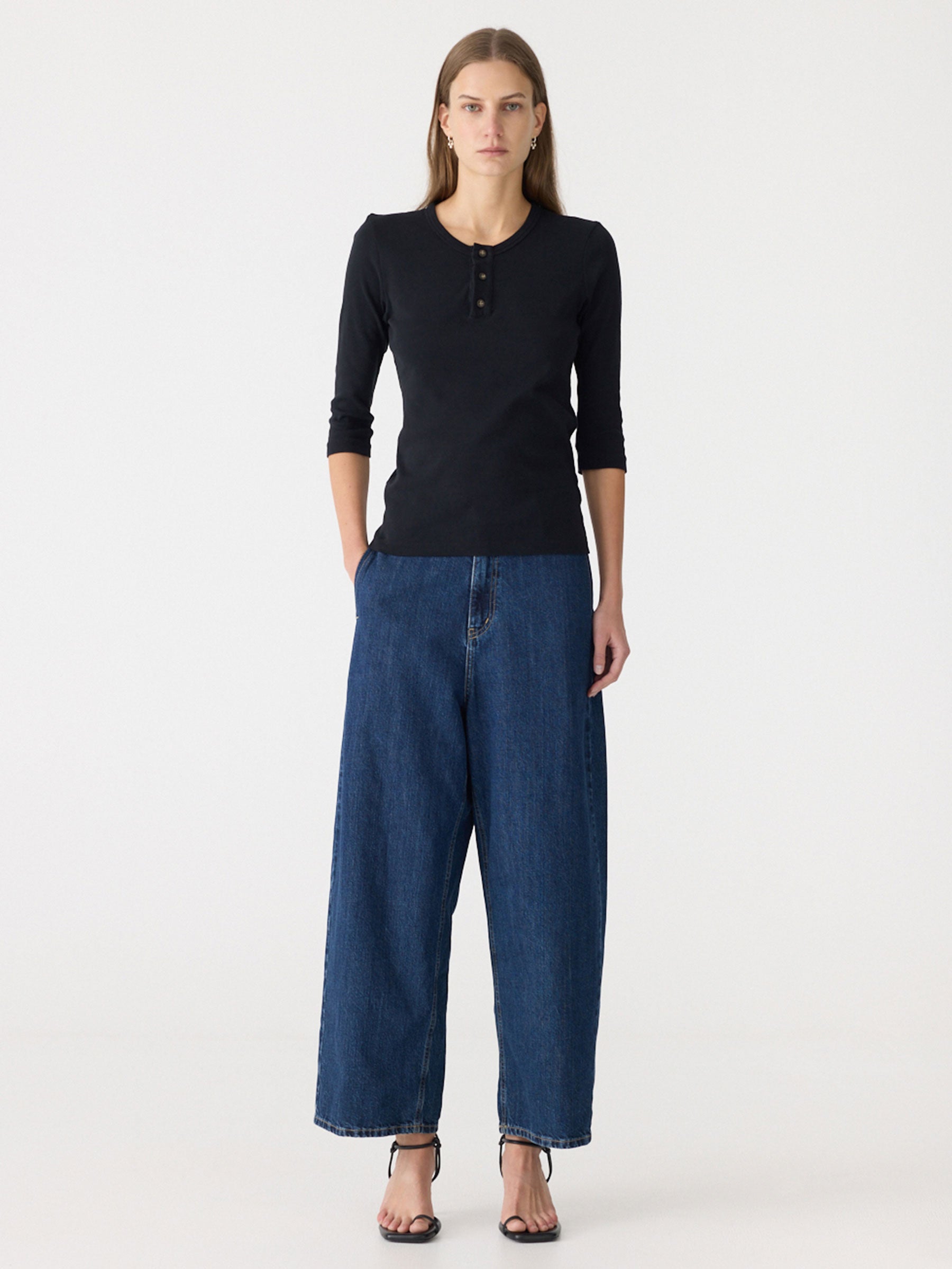 Rib Placket 3/4 Sleeve T-Shirt