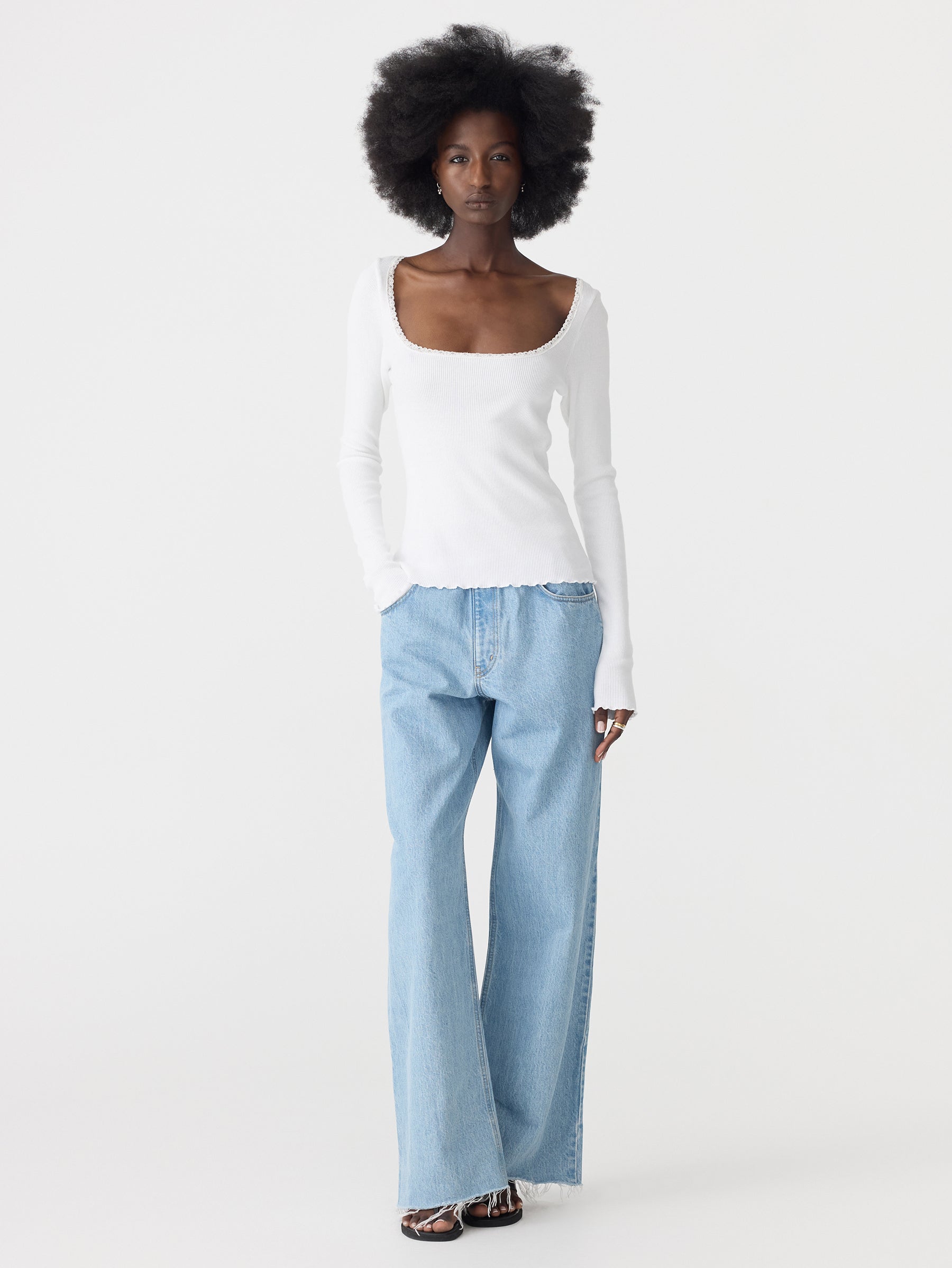Slim Rib Lace Long Sleeve Top