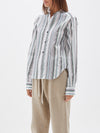 bassike cotton silk pleat detail shirt in natural-navy-green-stripes