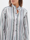 bassike cotton silk pleat detail shirt in natural-navy-green-stripes