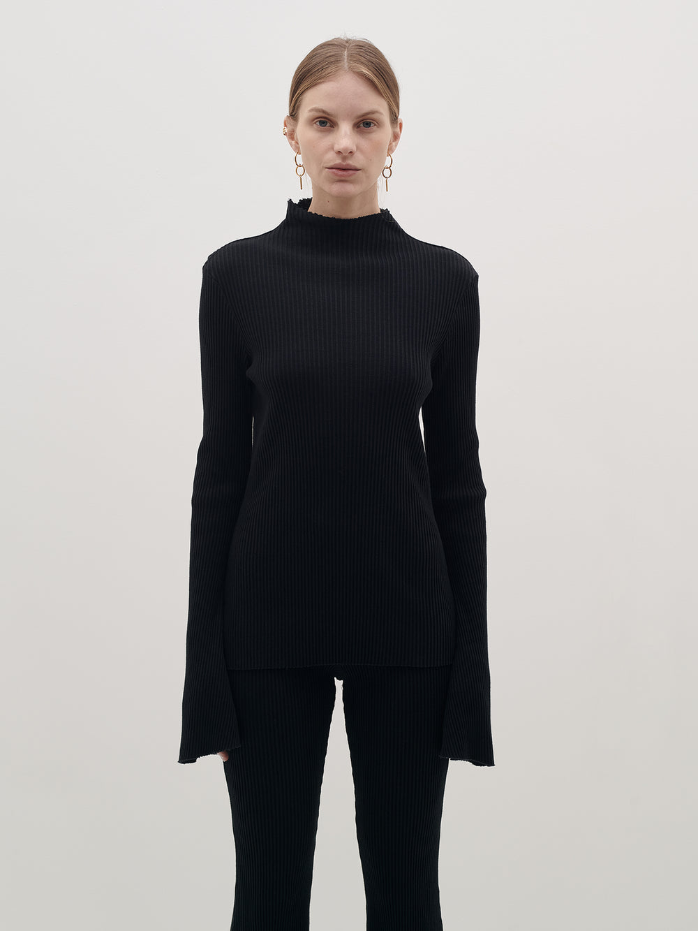 raised neck drapey rib long sleeve top